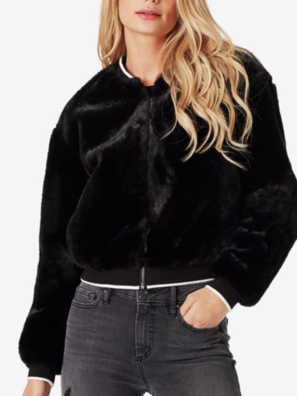 Jessica Simpson Black Faux Fur Penny Varsity Bomber Jacket